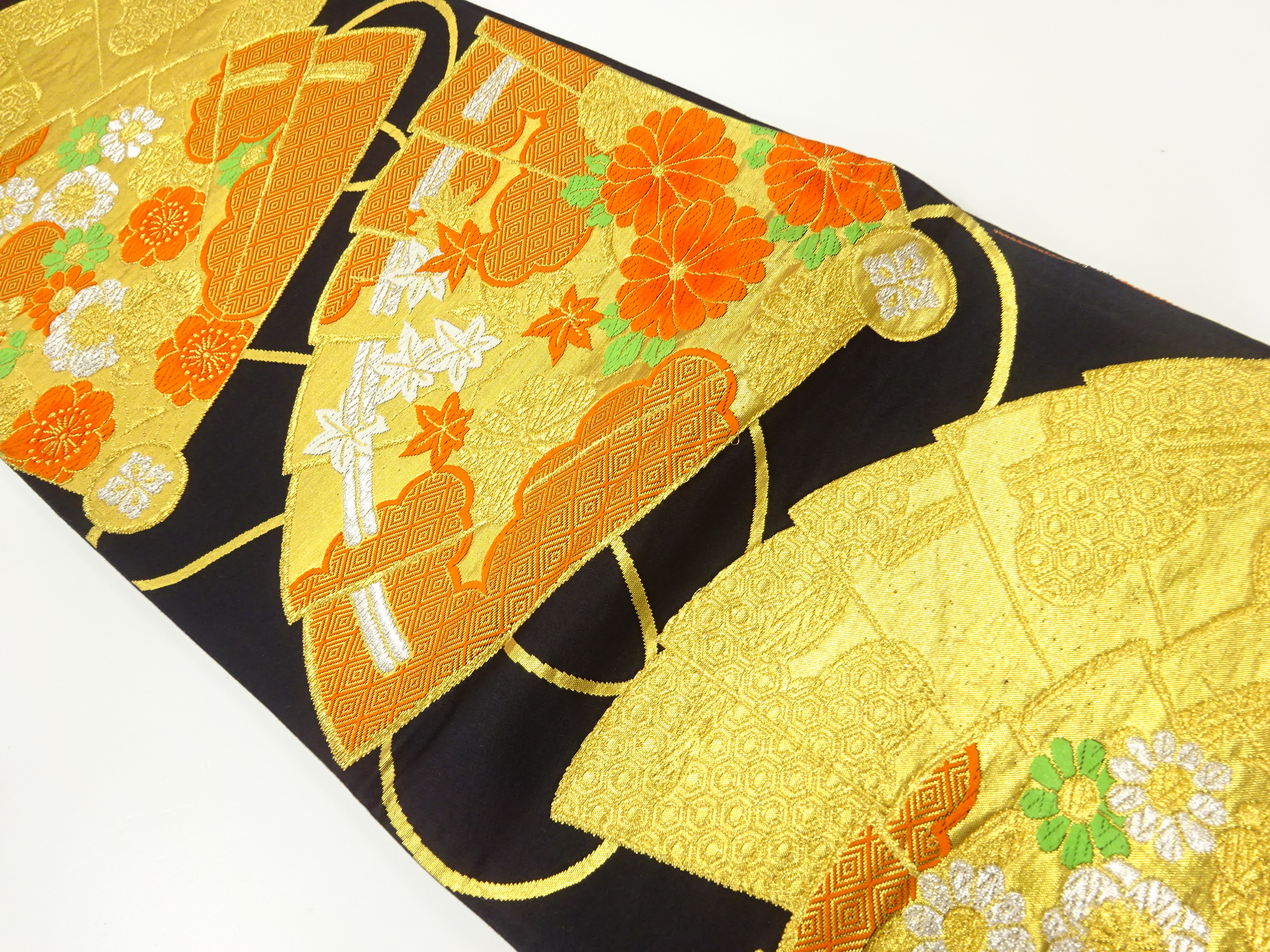 JAPANESE KIMONO / ANTIQUE FUKURO OBI / SILK / WOVEN FOLDING FAN & UME & MAPLE